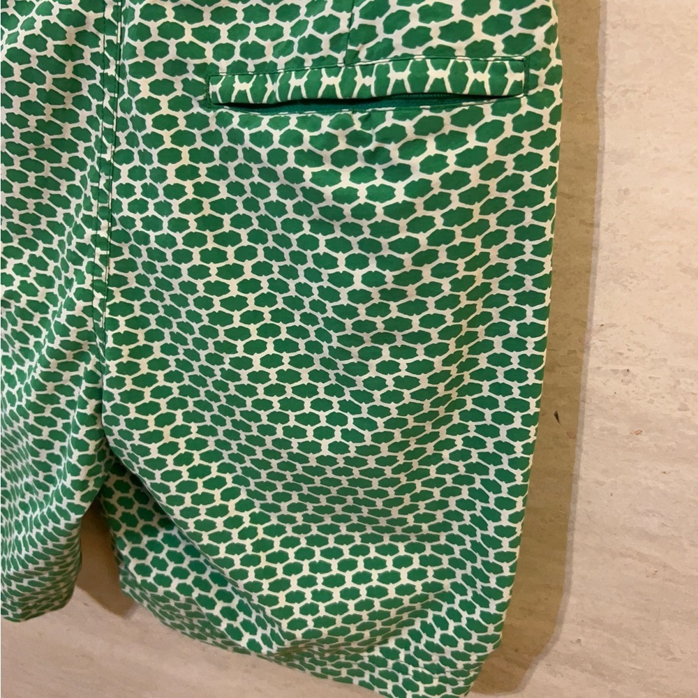 J.Crew Men's Swim Trunks in a green and white geometric print. - Picture 6 of 13